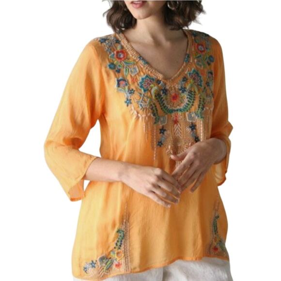 Johnny Was Orange Tropical Blouse (S) Multicolor Emboidered Whimsy Fairy V-Neck - Picture 1 of 13